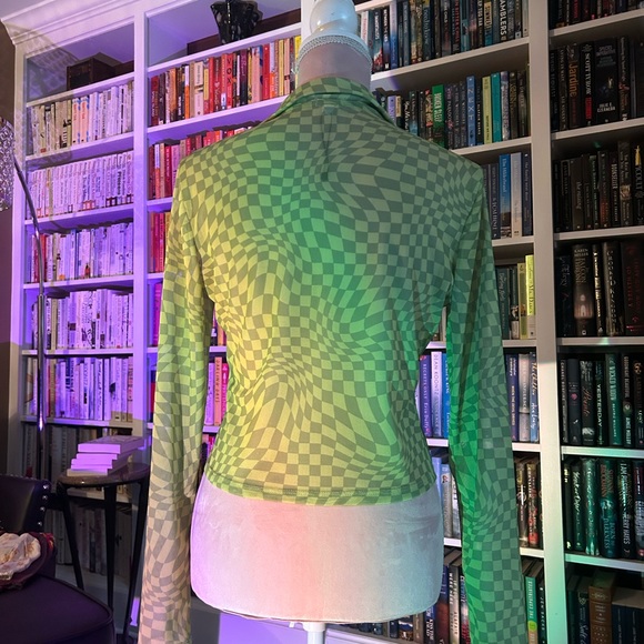 Green checkered see-through mesh trippy button up collared shirt - Picture 6 of 6